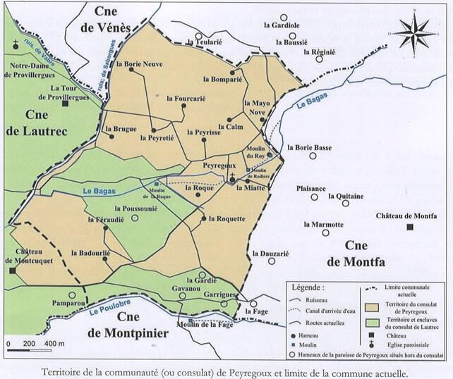 Carte comparant les limites de la commune sous l'Ancien Régime et actuellement